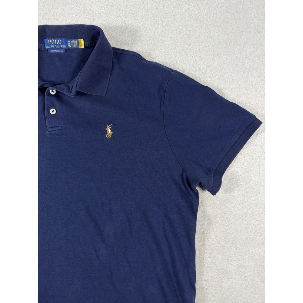 Polo Ralph Lauren Custom Slim Fit Polo Shirt Mens XL Blue Cotton Mesh Brown Pony